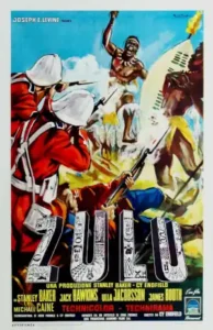 Movie poster for Zulu featuring an illustration of British soldiers in red coats battling Zulu warriors.